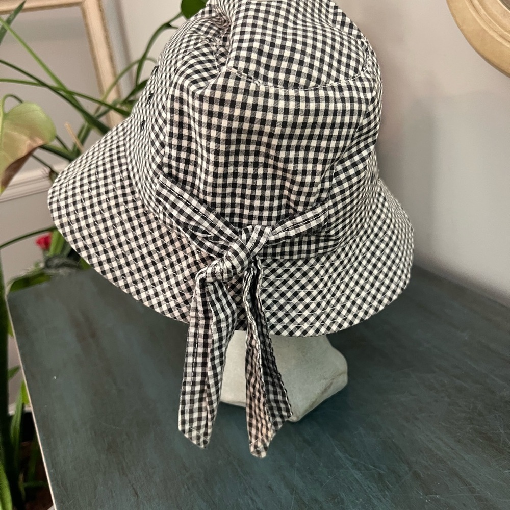 Betmar Hat with tie in back. Bucket hat style. Black and white small gingham - Picture 2 of 5